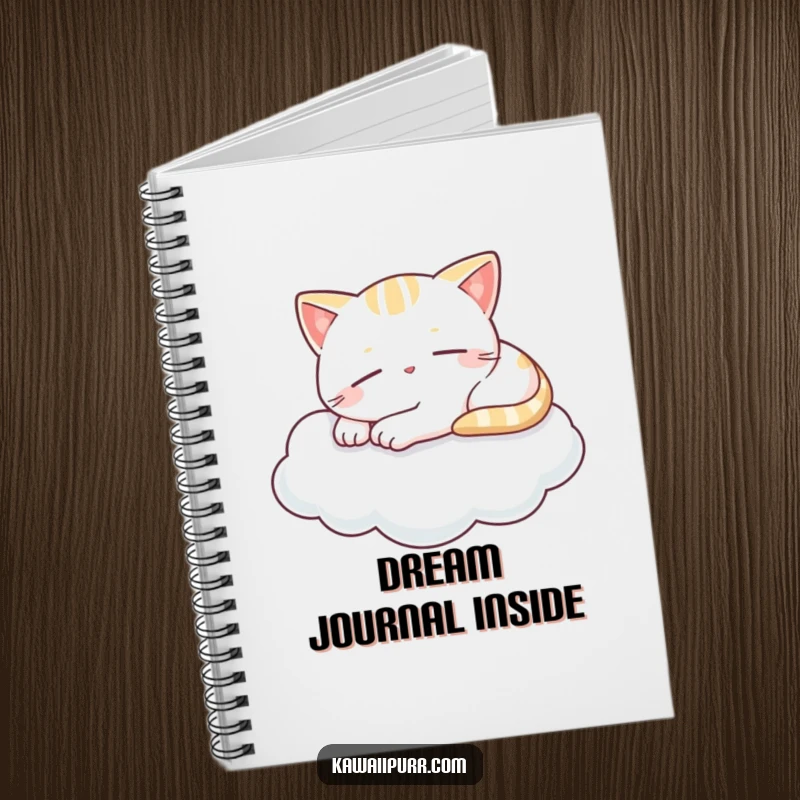 Funny notebook cover featuring a kawaii cat napping peacefully on a cloud with a tiny smile, inspiring calm and humorous thoughts.