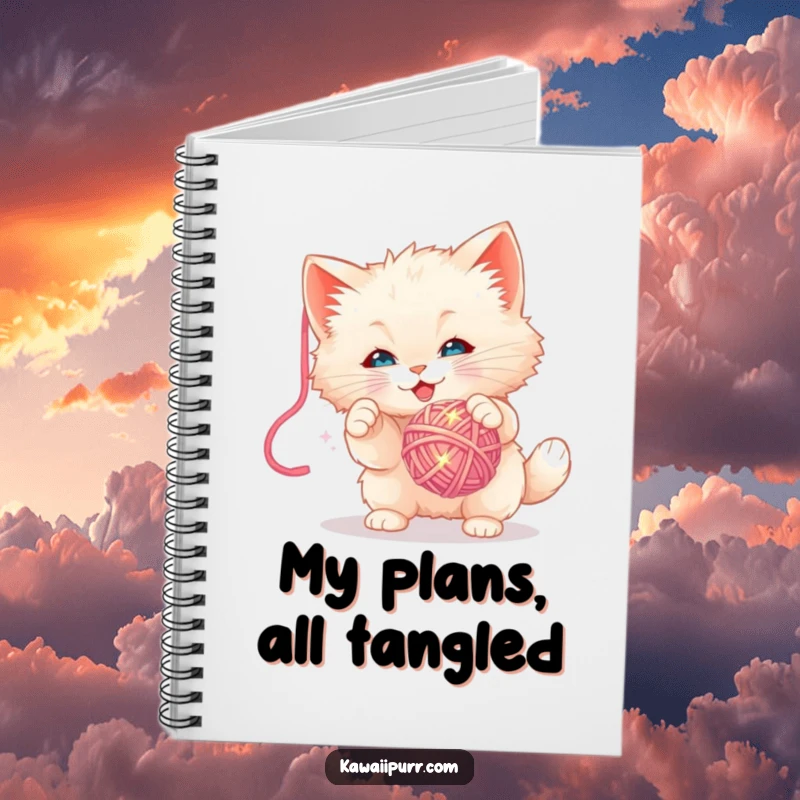 Funny Notebook: Journal with a fluffy kitten character attempting to bat a sparkly yarn ball, ideal for playful note-taking.