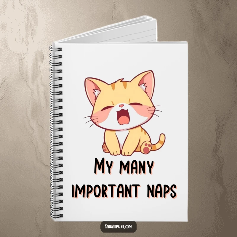 Funny Notebook featuring a lazy kitten character mid-stretch and yawn, ideal for jotting down notes with a humorous and relatable feline vibe.