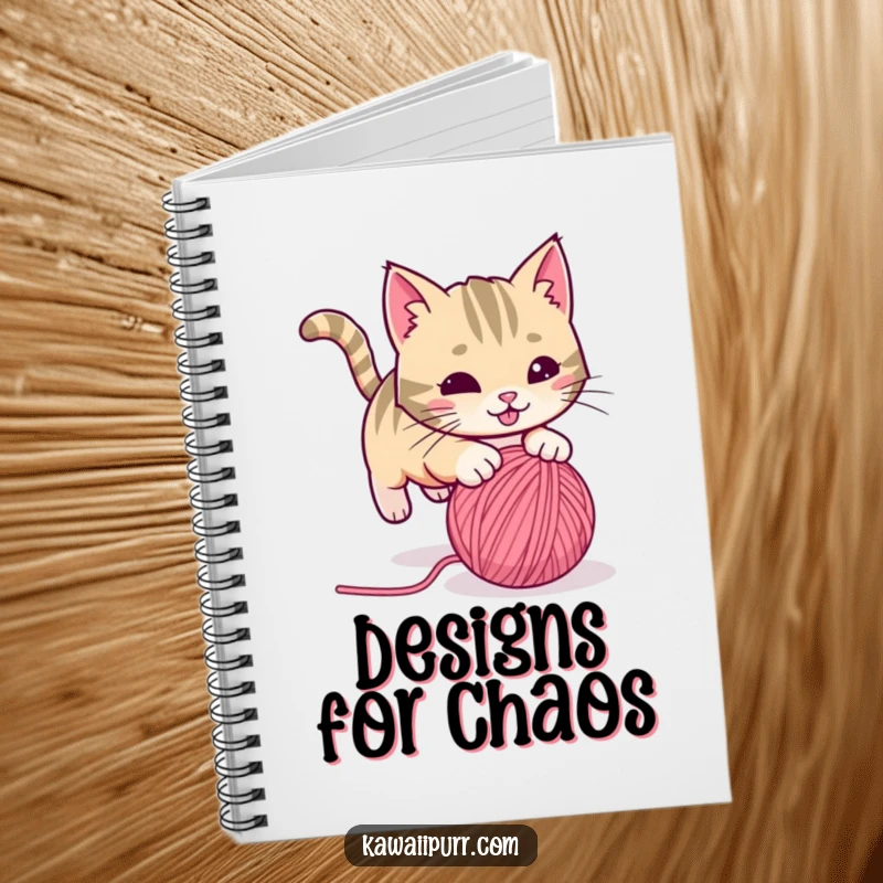 Funny playful cat with a twitching tail, pouncing on a rolling ball of yarn, on the cover of a notebook. Humorous and practical stationery.