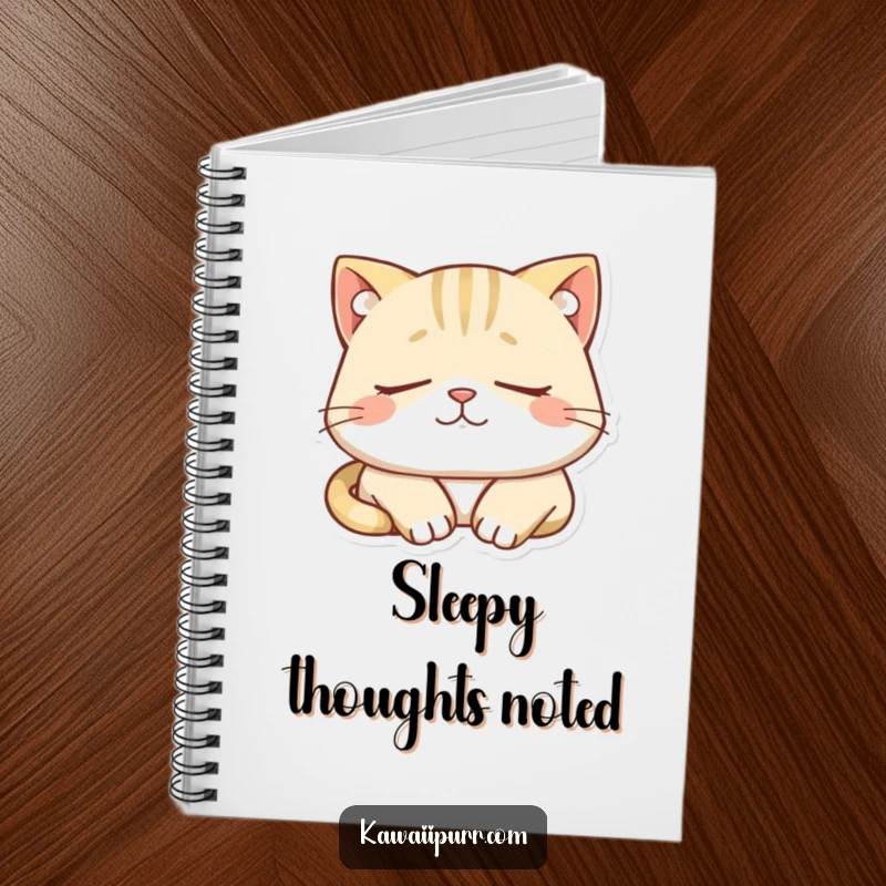 Funny notebook with a sleepy cat character dozing peacefully, smiling contentedly. Perfect for peaceful journaling.