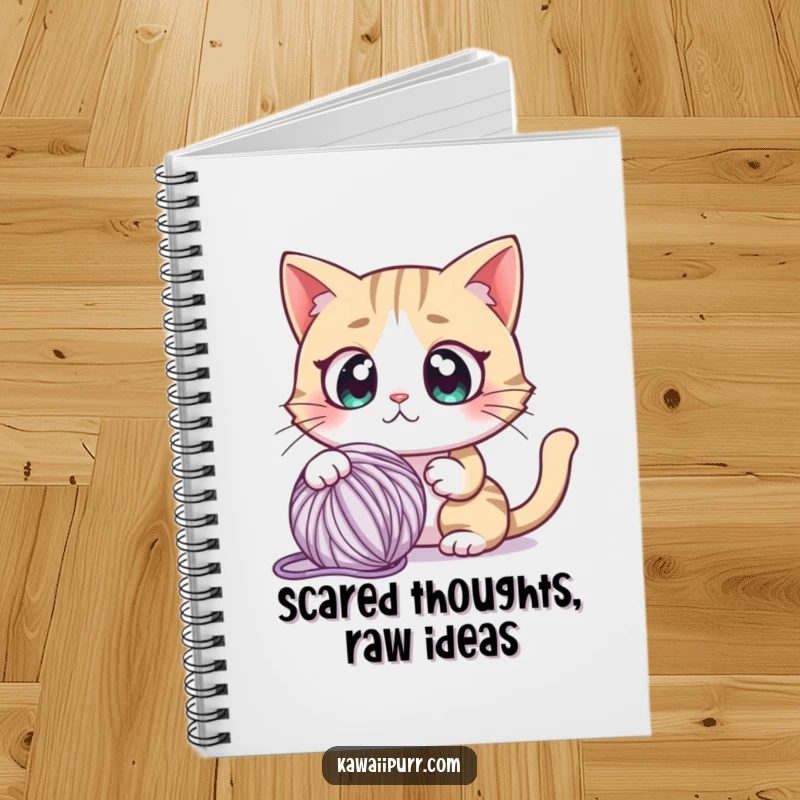 Funny notebook cover with a cartoon cat character with comically wide eyes, looking startled by a playful yarn ball.