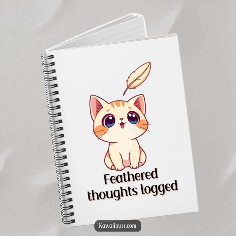 Funny surprised cat character looking up at a floating feather on the cover of a notebook, inspiring curiosity.