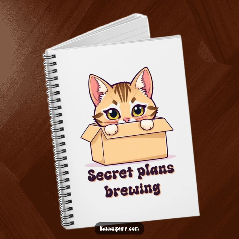Funny notebook with a mischievous tabby cat hiding inside a cardboard box, peeking out with bright eyes.