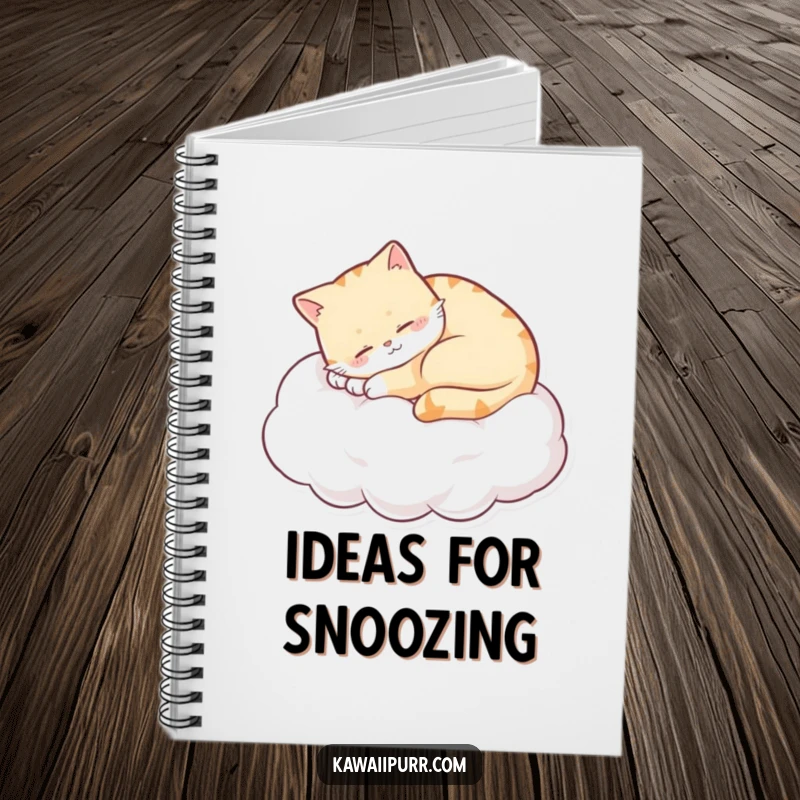 Funny sleepy cat curled on a cloud, purring with a content smile, on the cover of a notebook. A humorous and practical stationery item.