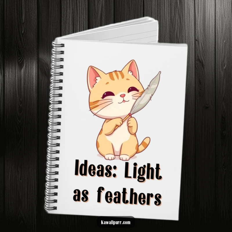Funny cat character batting at a feather, symbolizing playful focus on the cover of a lined notebook.