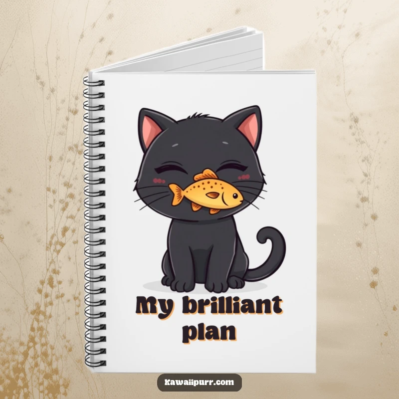 Funny Notebook: A black cat with a mischievous grin balancing a tiny fish on its nose, perfect for jotting down ideas.