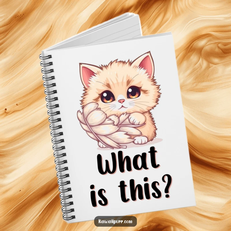 Funny Notebook: A fluffy cat with curious eyes peeking from behind a giant shimmering feather, perfect for journaling delightful thoughts.