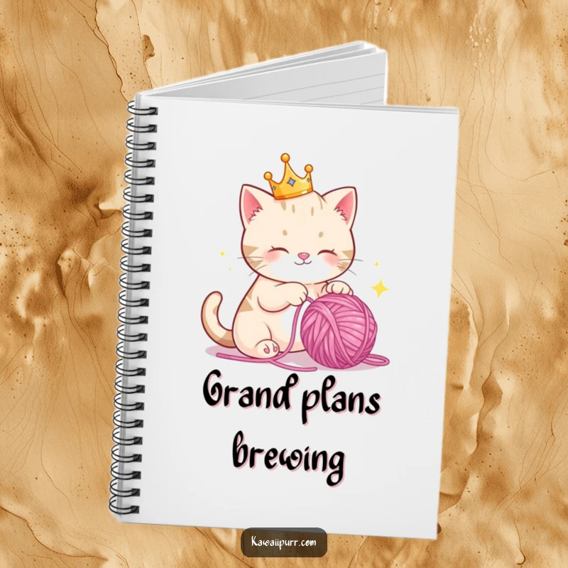 Funny Notebook: A cat wearing a tiny crown playfully batting at a sparkling ball of yarn, perfect for note-taking.