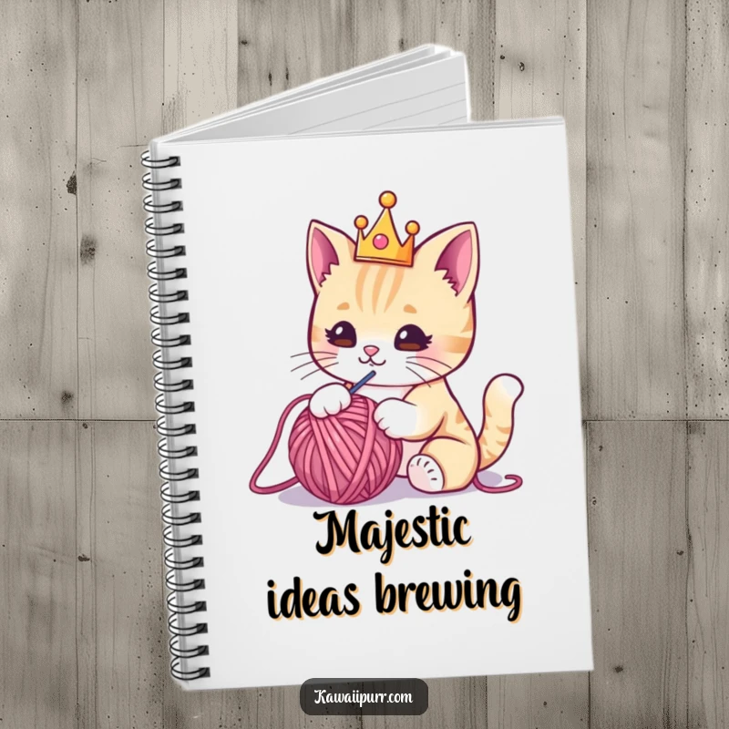 Funny notebook cover showing a regal kawaii cat with a crown, playfully batting a yarn ball, perfect for jotting down creative ideas.
