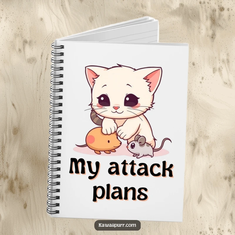 Funny Notebook featuring a kitten character mid-pounce on a toy mouse, ideal for jotting down notes with playful and energetic humor.