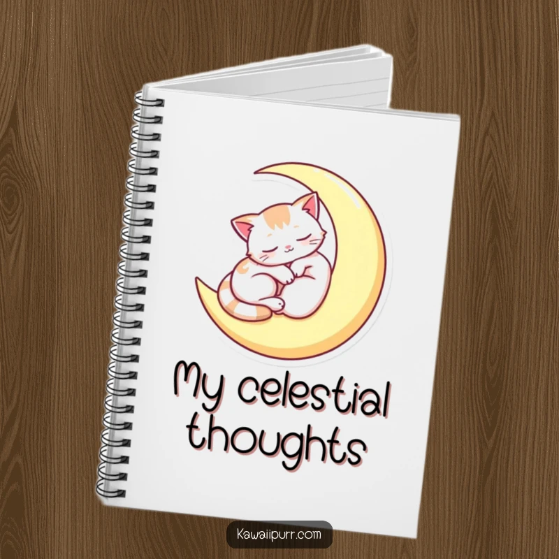 Funny notebook cover with a sleepy cat curled on a crescent moon, ideal for journaling peaceful thoughts and creative ideas.