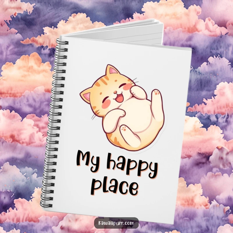 Funny Happy Cat Belly Notebook featuring a happy cat character rolling on its back, inspiring joyful writing.