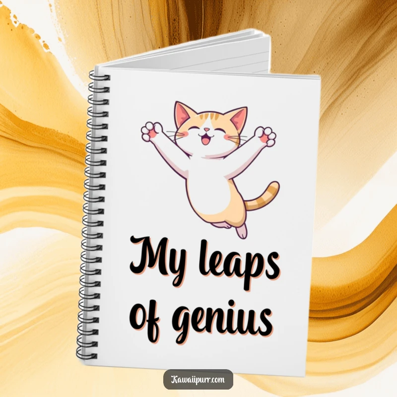 Funny Cat Leap Notebook illustrating a dynamic cat character in mid-flight, paws outstretched, ready to inspire creative writing.