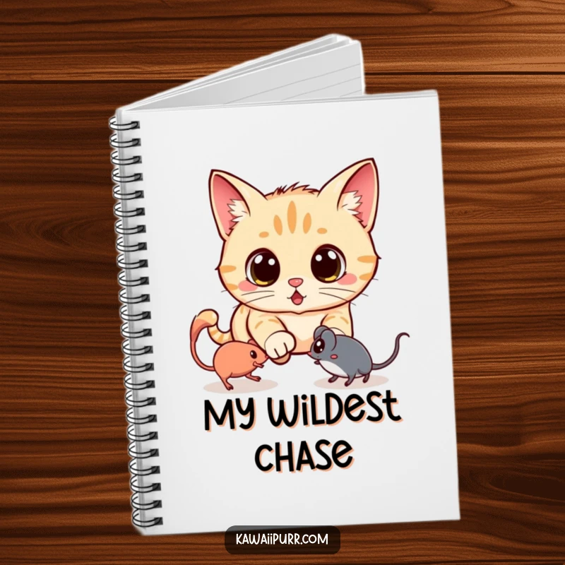 Funny notebook cover featuring a kawaii cat with surprised eyes, chasing a spectral mouse, inspiring humorous and spooky thoughts.
