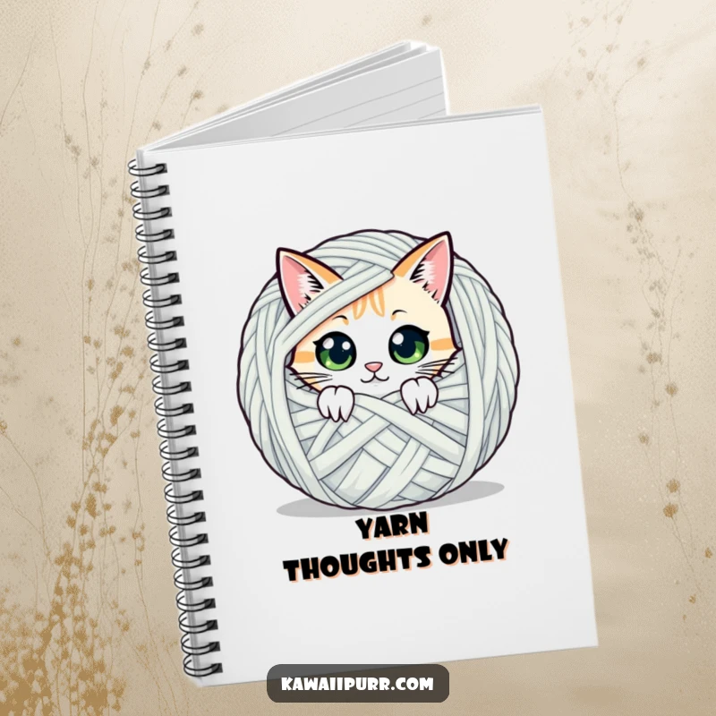Funny notebook cover with a cat character peeking with surprise from behind a yarn ball, ideal for noting secrets.