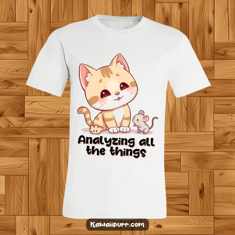 Funny curious cat t-shirt with a character tilting its head, ears perked attentively near a tiny mouse toy.
