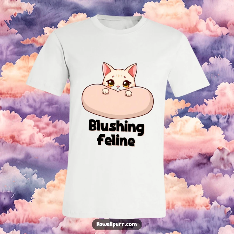 Funny cat t-shirt with a character peeking innocently from behind a cushion, wide eyes and a blush adding to the adorable, guilty charm.