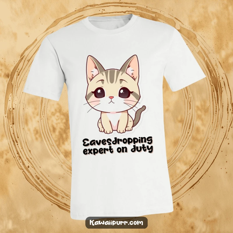 Funny t-shirt depicting a cartoon cat character with its ears sharply perked, demonstrating intense focus and attentiveness.