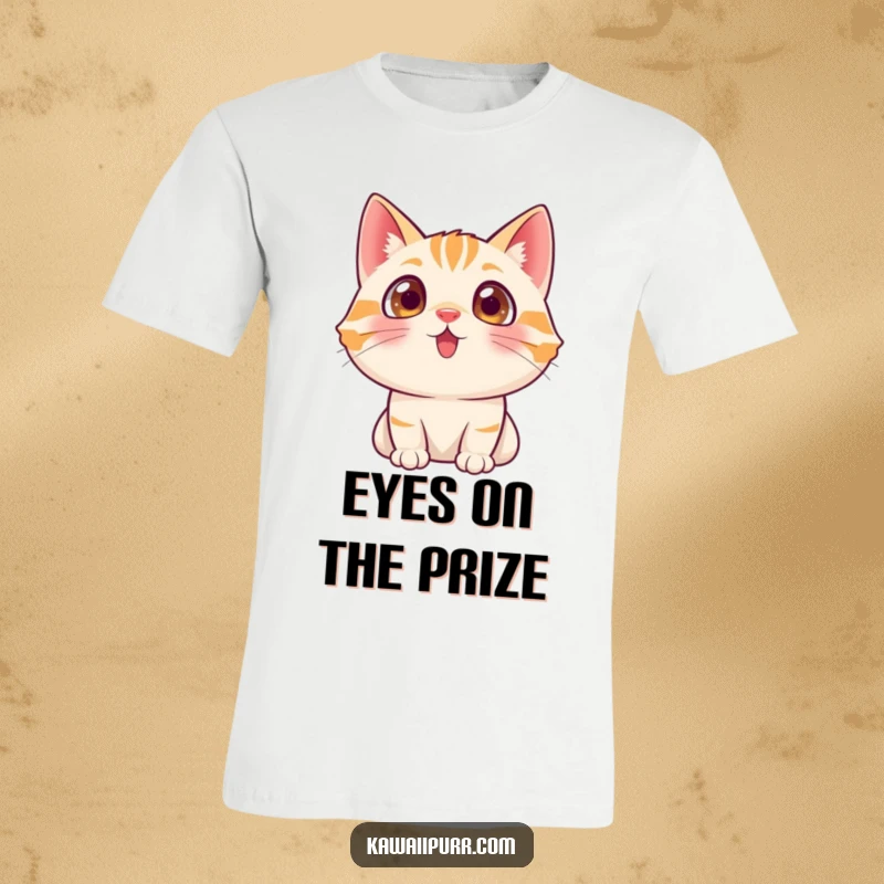 Funny cat character with wide, excited eyes looking upwards, expressing pure curiosity on a t-shirt.