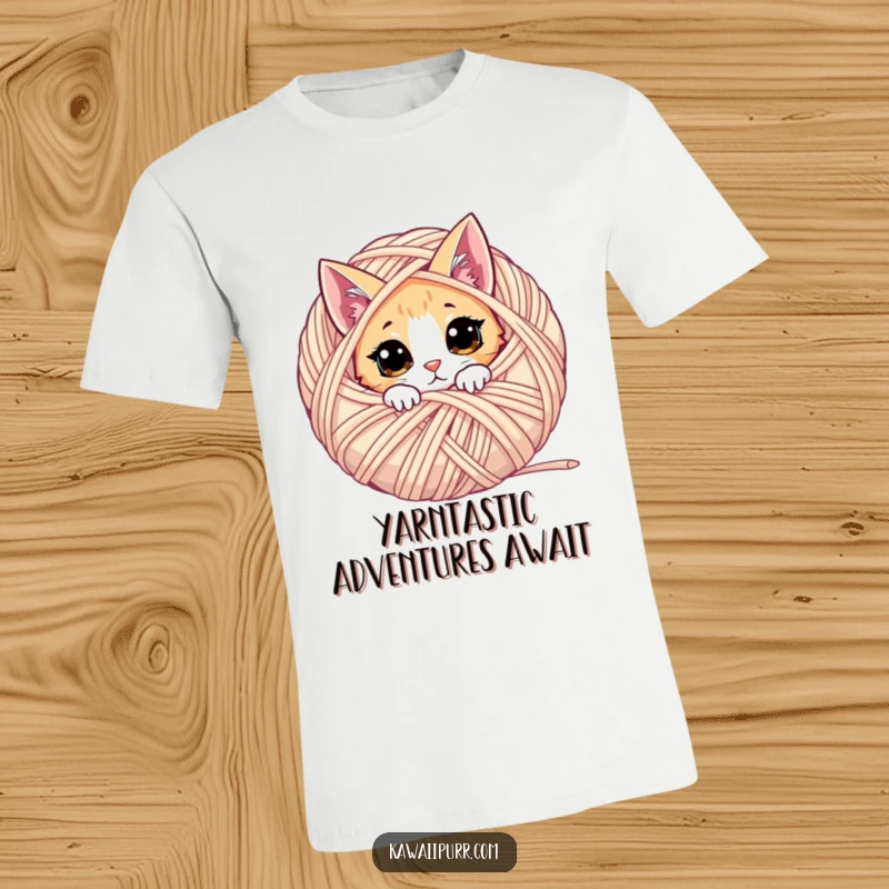 Funny cat t-shirt with a curious cat peeking from behind a huge ball of yarn, perfect for knitters.