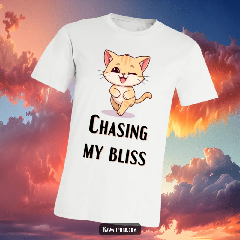Funny T-shirt featuring a silly cat with a goofy grin, in a dizzy circle, hilariously chasing its own tail.