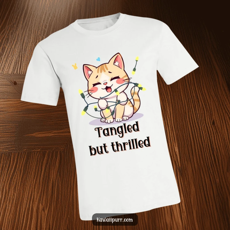 Funny kawaii cat tangled in string lights, looking comically distressed, wearing a t-shirt.
