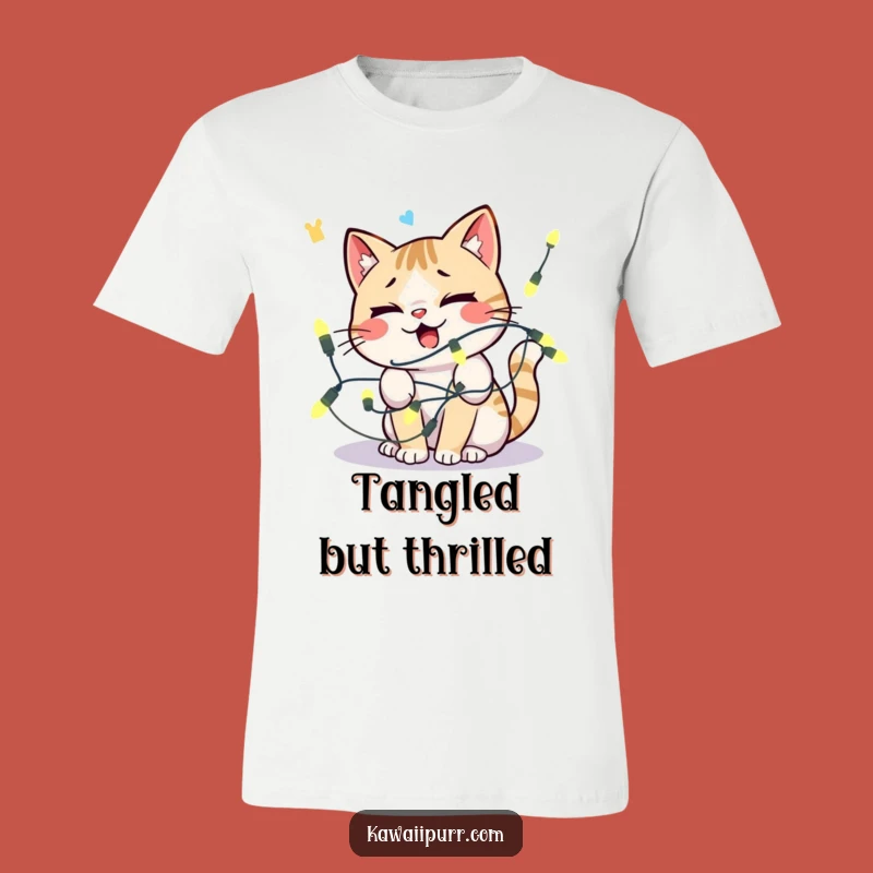 Funny Kawaii Cat Lights T-Shirt: Comically Distressed Feline Holiday Tee Gift