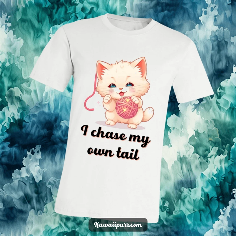 Funny T-Shirt: A fluffy kitten character in a funny pose, attempting to bat a sparkly yarn ball, full of playfulness.
