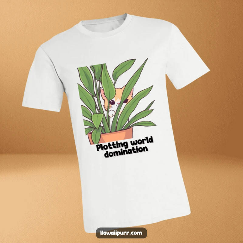 Funny Peek-a-Boo Cat T-Shirt showing a mischievous cat peeking out slyly from behind a vibrant houseplant.