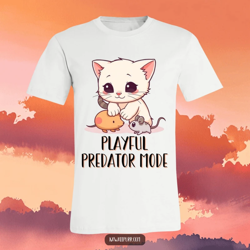 Funny T-Shirt showcasing an energetic kitten character in mid-pounce, dynamically attacking a toy mouse with playful determination.
