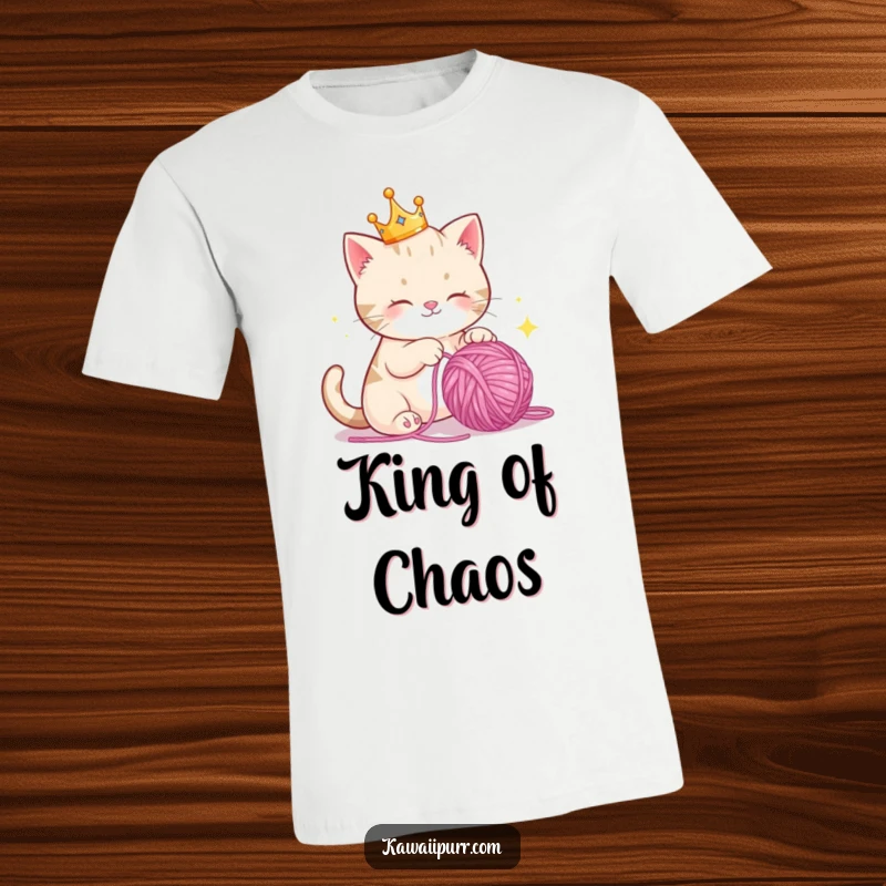 Funny T-Shirt: Adorable cat sporting a tiny crown, gleefully swatting at a sparkling ball of yarn with playful mischief.