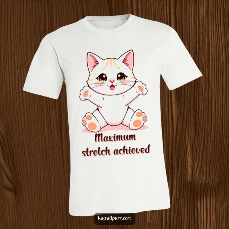 Funny Cat T-Shirt, a cat performing an exaggerated stretch with front paws extended wide.