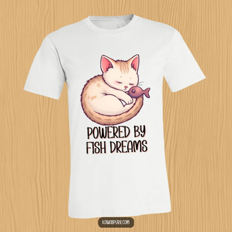 Funny Kitten Fish Dream T-Shirt depicting a adorable kitten sleeping soundly and dreaming of catching fish.
