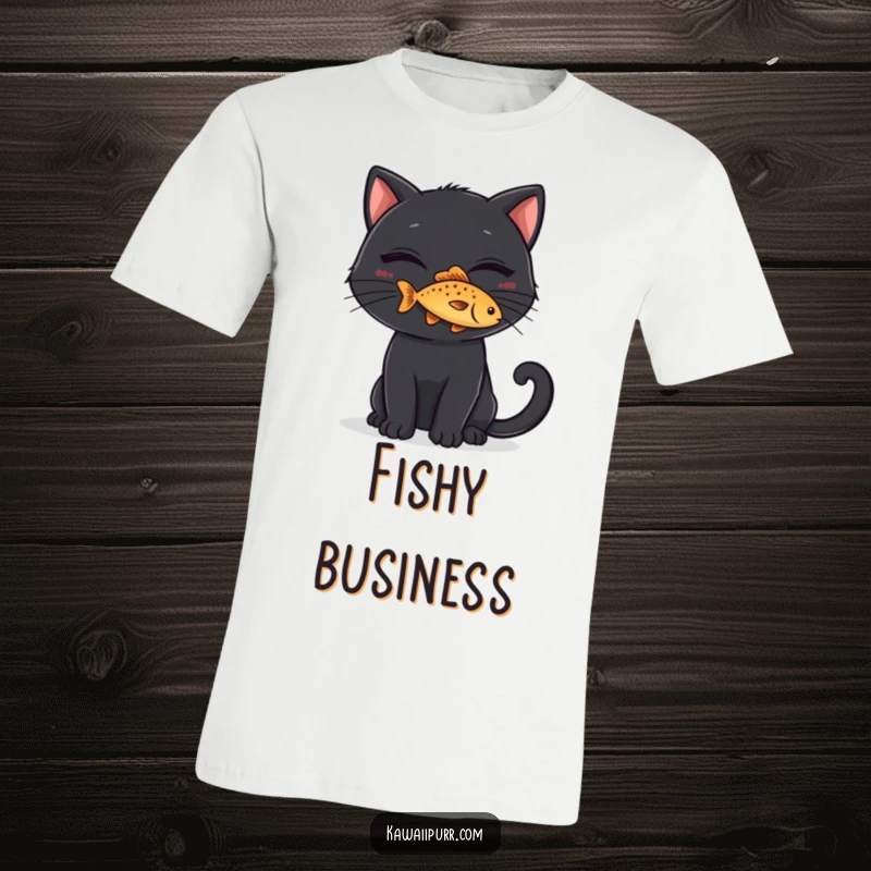 Funny T-Shirt: A black cat with a wide, mischievous grin balancing a small fish on its nose, embodying playful trickery.