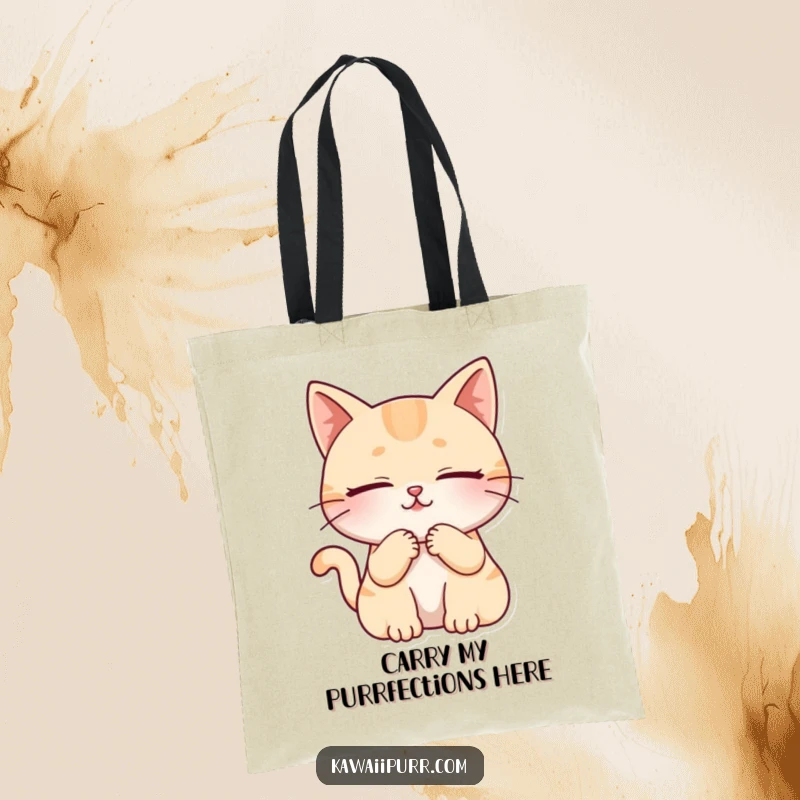 Funny cat character purring contentedly with closed eyes, printed on a durable and stylish tote bag.