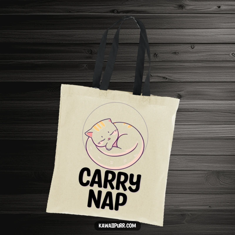 Funny cat tote bag featuring a peacefully napping cat curled in a perfect circle, perfect for carrying items with sleepy and calm style.