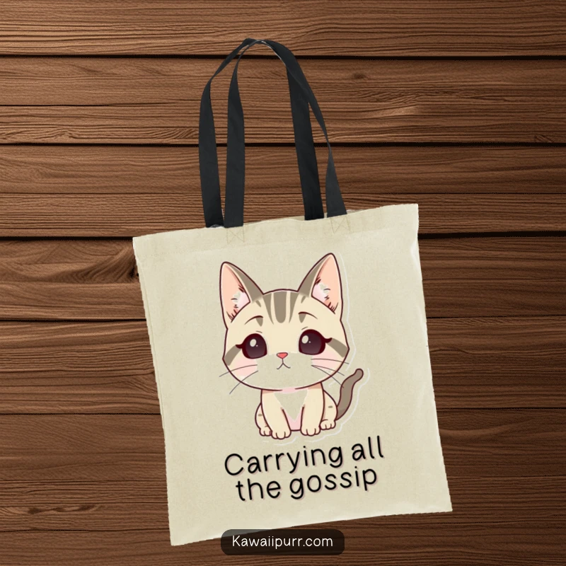 Funny tote bag with a cartoon cat character displaying sharply perked ears, indicating intense focus and attentive listening.