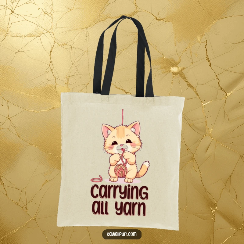 Funny fuzzy cat tote bag, caught in the act of batting a ball of yarn, embodying playful feline joy.