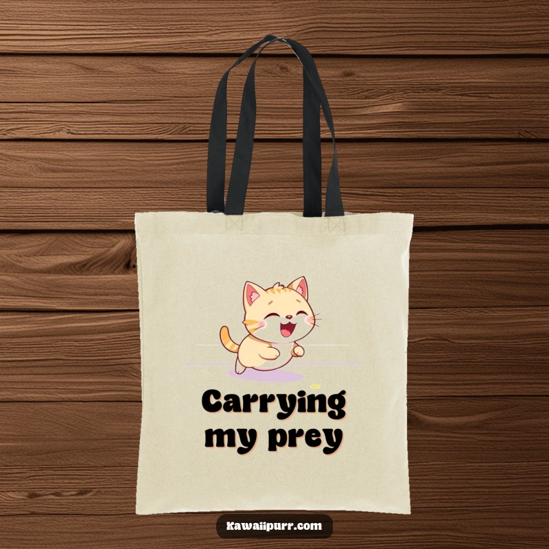 Funny cat tote bag, captured giggling while chasing a red laser dot across the floor, embodying playful energy.