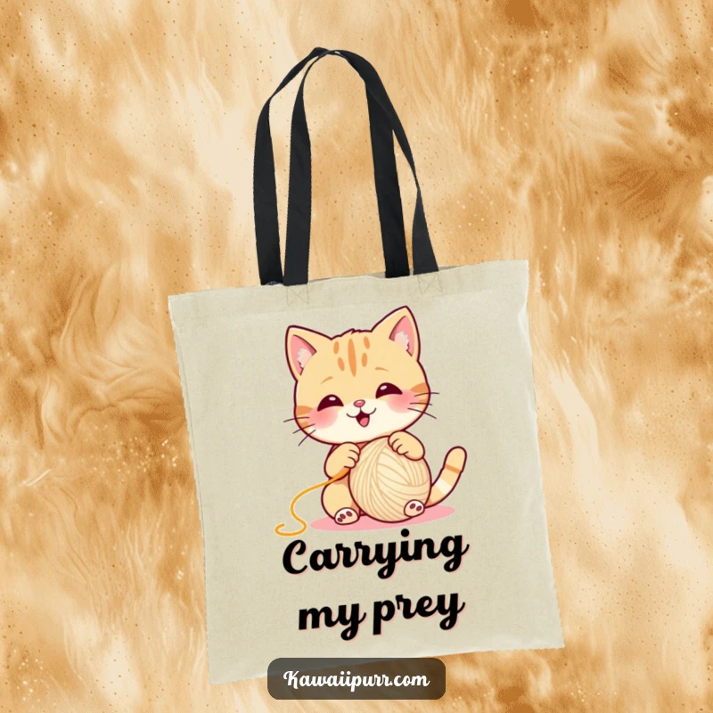 Funny Cat Tote Bag, a gleeful cat attacking a large ball of yarn, perfect for carrying essentials.