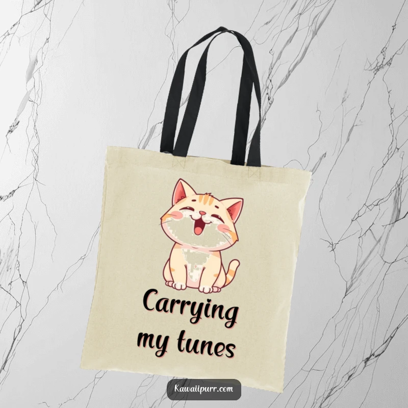 Funny Cat Tote Bag: A tote bag displaying a happy cat character meowing upwards with an open mouth and attentive ears.