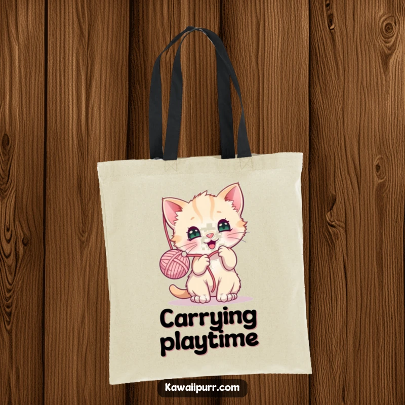 Funny tote bag showcasing a kawaii kitten joyfully playing with a dangling ball of yarn, perfect for carrying essentials.
