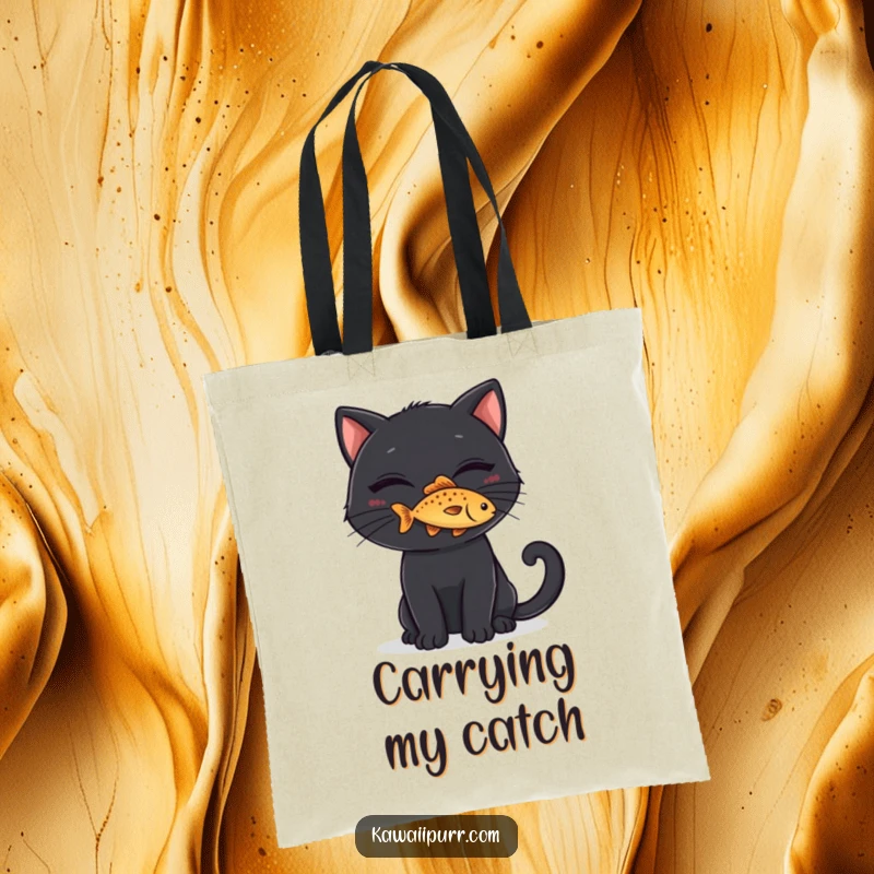 Funny Tote Bag: A black cat with a mischievous grin balancing a tiny fish on its nose, ready for errands.