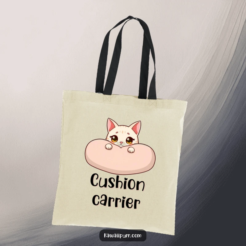 Funny cat tote bag featuring an innocent cat peeking from behind a cushion, wide eyes and a blush adding to its adorable, charming appeal.