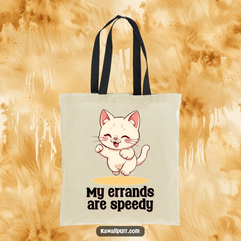 Funny Tote Bag: A playful kitty character energetically chasing a red laser pointer dot, perfect for cat lovers.
