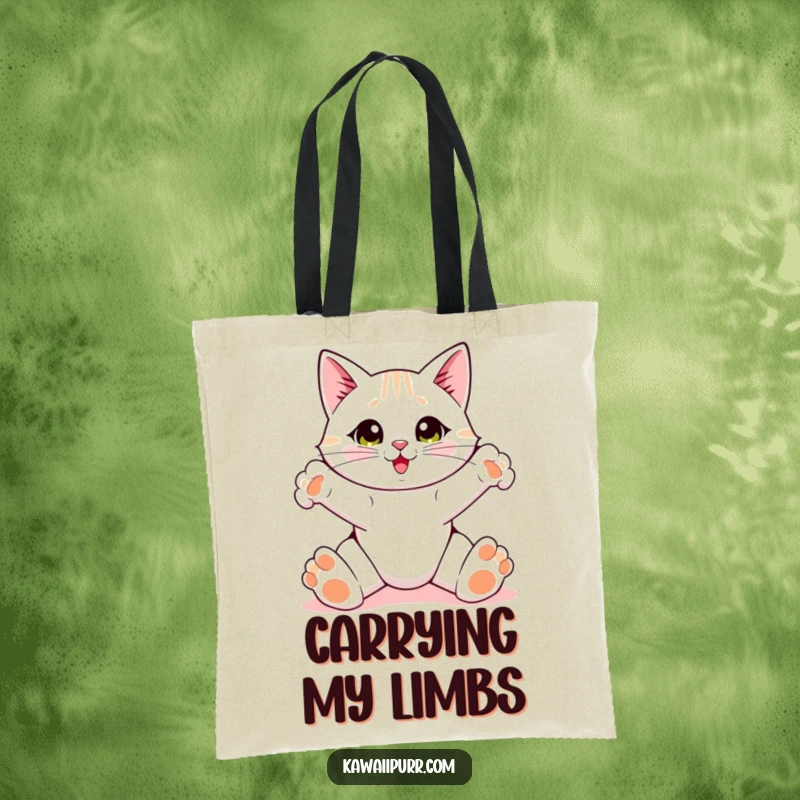 Funny Cat Tote Bag, a cat performing a wide-pawed stretch, ideal for carrying items.