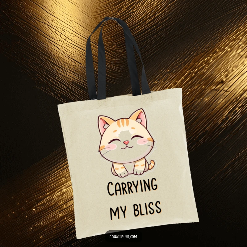 Funny tote bag with a smiling, purring cat character with eyes closed, perfect for carrying essentials.