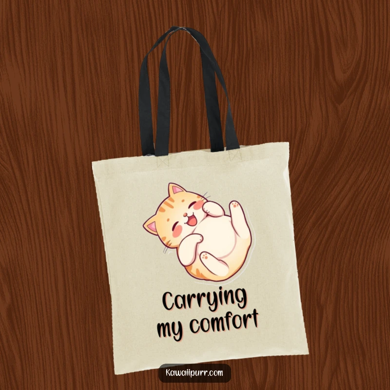 Funny Happy Cat Belly Tote Bag featuring a joyful cat character rolling on its back, showing its belly happily.