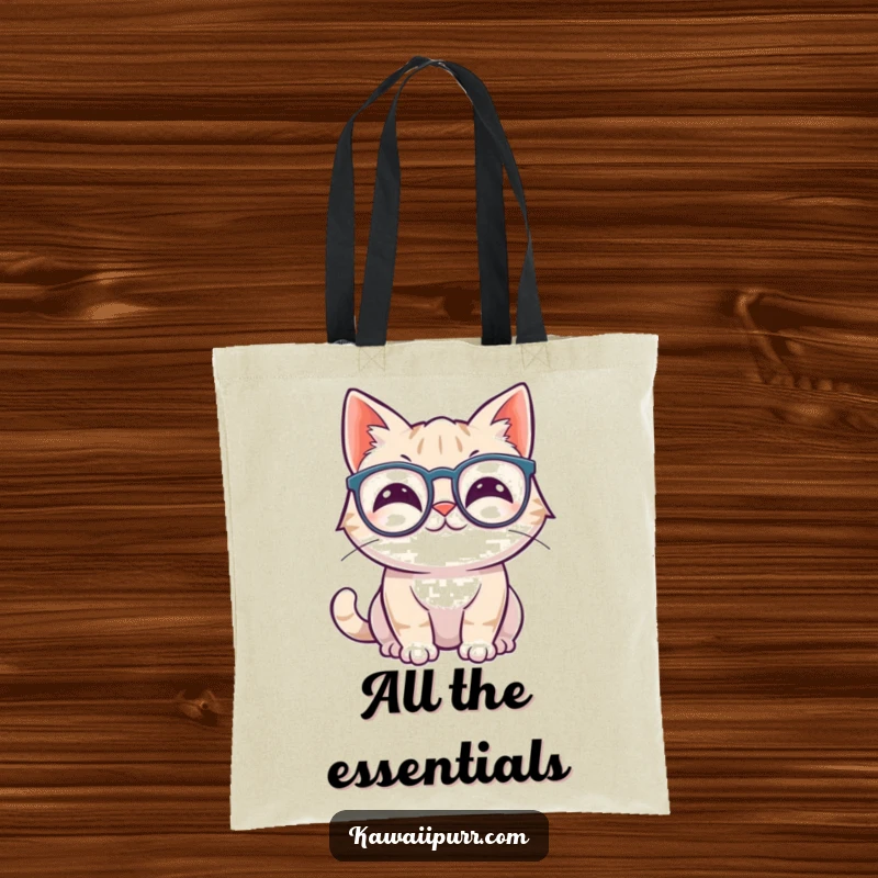 Funny kawaii cat wiggling ears, wearing oversized spectacles, carrying a tote bag.